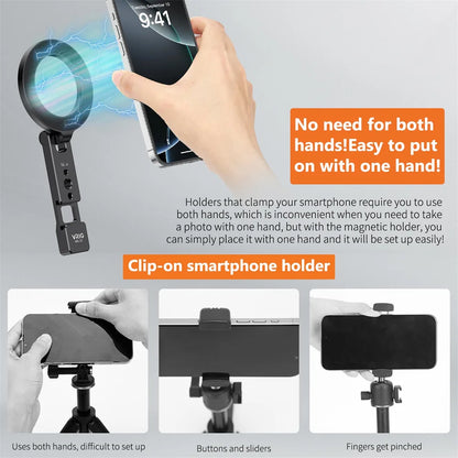 VRIG Magnetic Phone Holder Stand MagSafe Cold Shoe Tripod Mount w 1/4 Screw for iPhone Android Phone Desktop Live Streaming Vlog