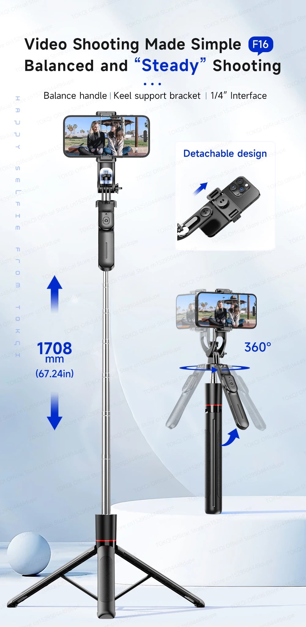 F16 Tripod 1/4'' Interface Extendable Selfie Stick for Smartphone 360° Rotat Shooting Vlog Video Live Broadcast Film with Remote