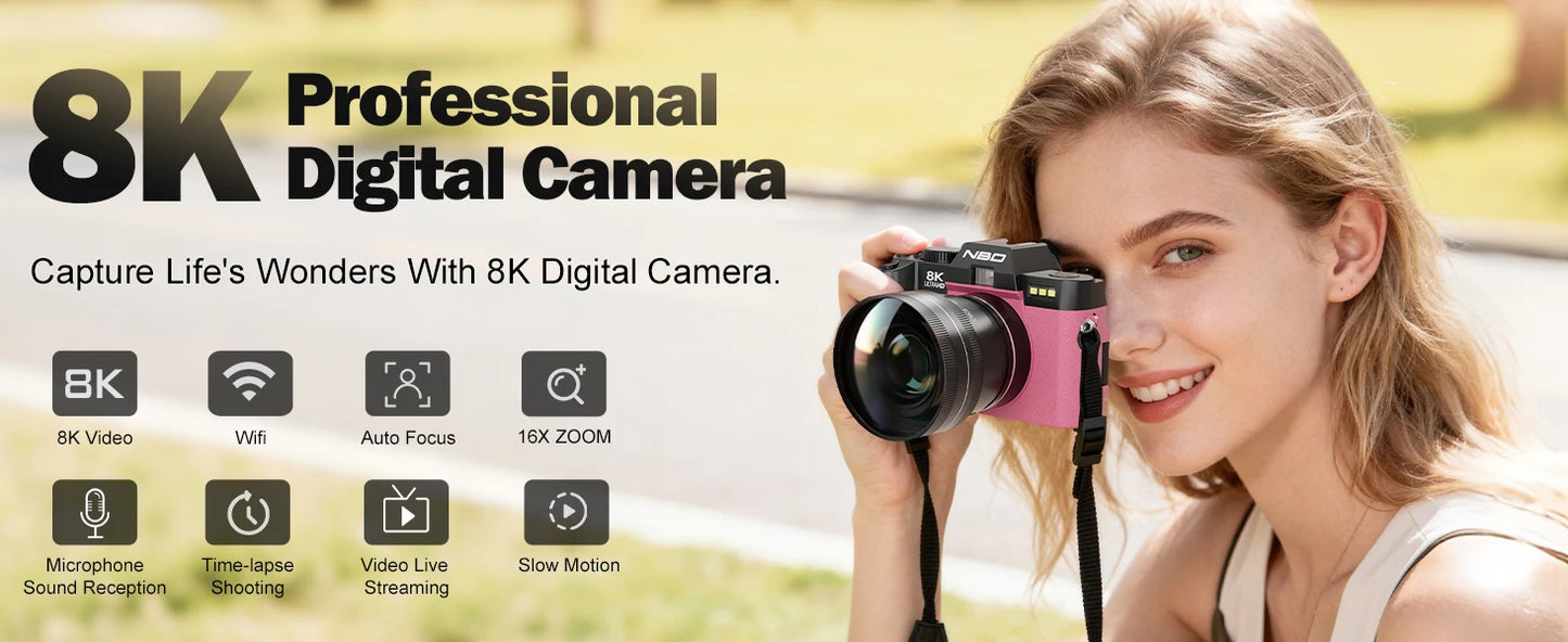 Professional Digital Camera 64MP&8K Video/Vlog Photography for Girls with App Control AF Focus Travel Camera Beginners Gifts