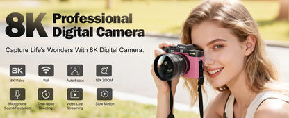 Professional Digital Camera 64MP&8K Video/Vlog Photography for Girls with App Control AF Focus Travel Camera Beginners Gifts