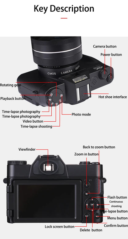 4K HD Professional Digital Camera Camcorder WIFI Webcam Wide Angle 16X Digital Zoom 48MP Photography 3 Inch Flip Screen Recorder