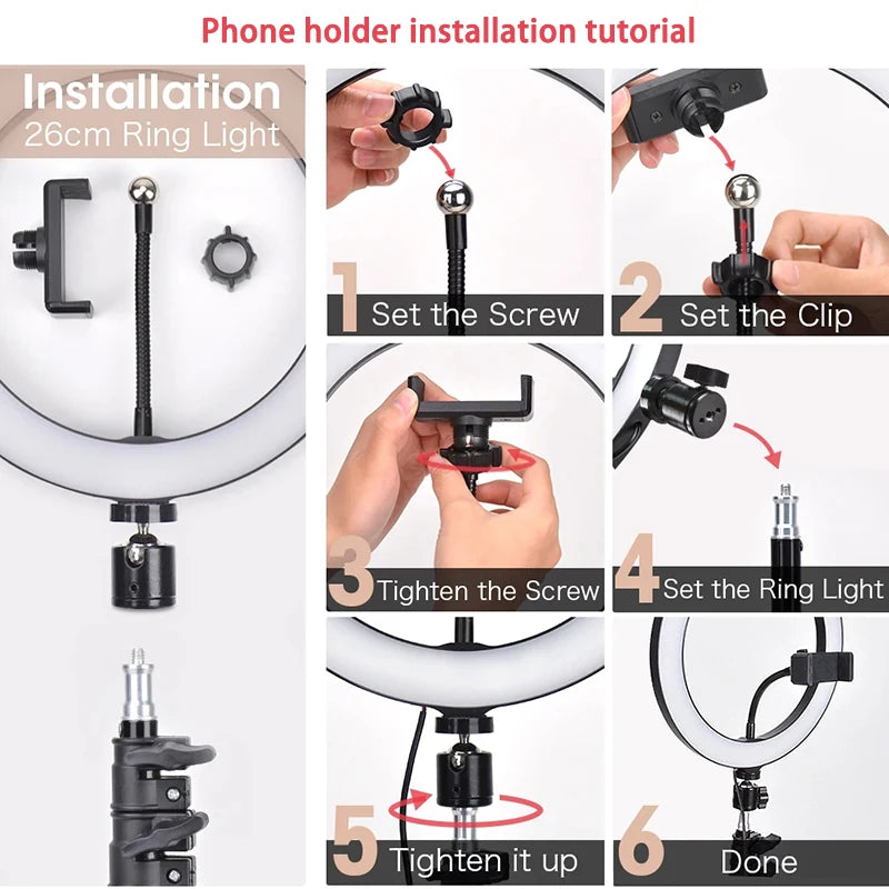 16/26/33CM LED Ring Light Photographic Selfie Ring Light With Flexible Tripod Holder For Live Video Streaming Studio Fill Lamp