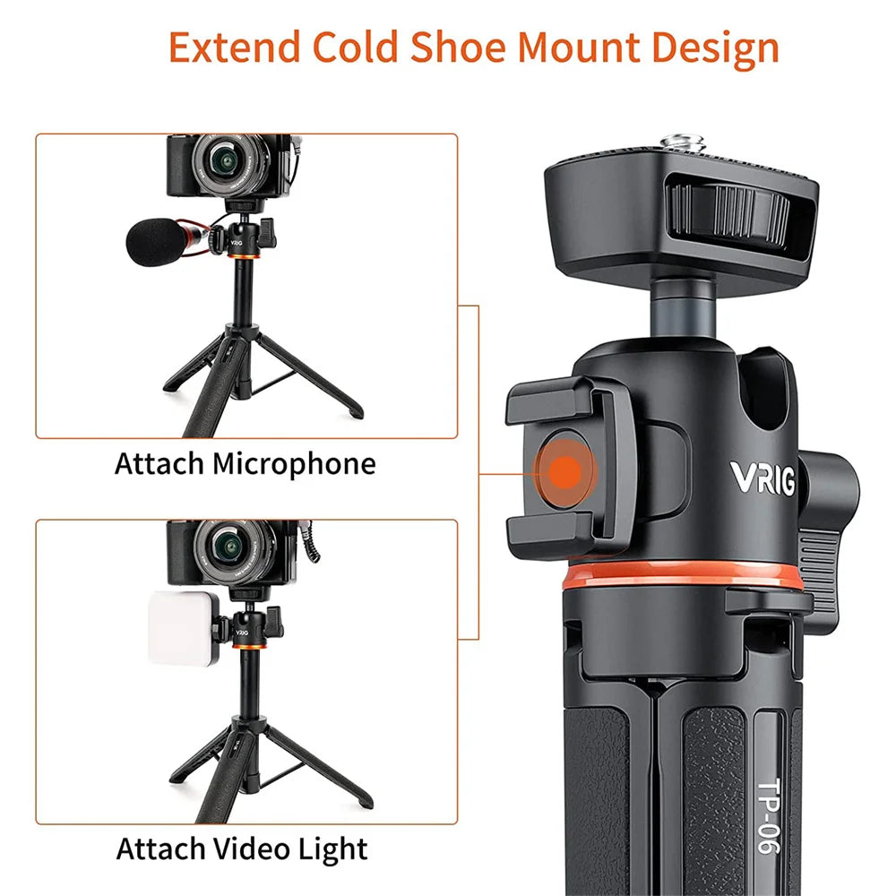 VRIG TP-06 4 Sections Camera Phone Tripod w 360 BallHead Cold Shoe Selfie Stick Tripod Stand for iPhone 15 14 13 12 Phone Camera