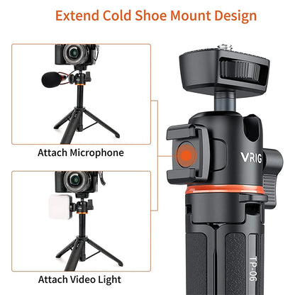 VRIG TP-06 4 Sections Camera Phone Tripod w 360 BallHead Cold Shoe Selfie Stick Tripod Stand for iPhone 15 14 13 12 Phone Camera
