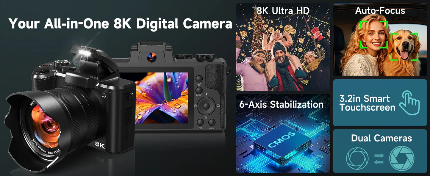 88MP Digital Camera 8K Autofocus WiFi Professional Video Camera with Flash, Touch Screen, Lens Hood 32G Card