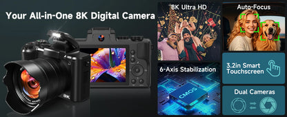 88MP Digital Camera 8K Autofocus WiFi Professional Video Camera with Flash, Touch Screen, Lens Hood 32G Card