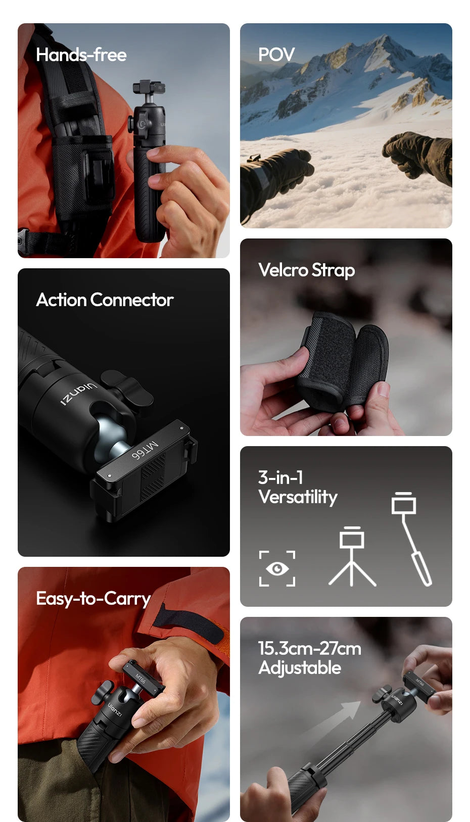 Ulanzi MT66 ClipMate Tripod With Action Connector 3-in-1 Backpack Clip Selfie Stick Tripod For DJI Action 5 Pro/4/3 Vlog Travel