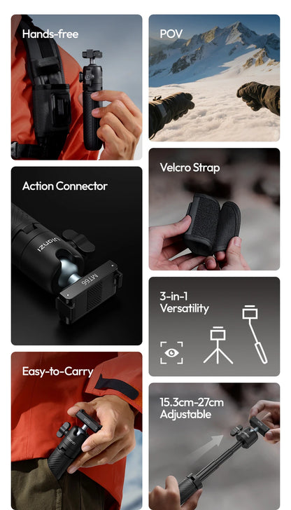Ulanzi MT66 ClipMate Tripod With Action Connector 3-in-1 Backpack Clip Selfie Stick Tripod For DJI Action 5 Pro/4/3 Vlog Travel