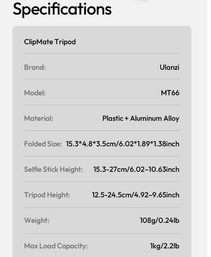 Ulanzi MT66 ClipMate Tripod With Action Connector 3-in-1 Backpack Clip Selfie Stick Tripod For DJI Action 5 Pro/4/3 Vlog Travel