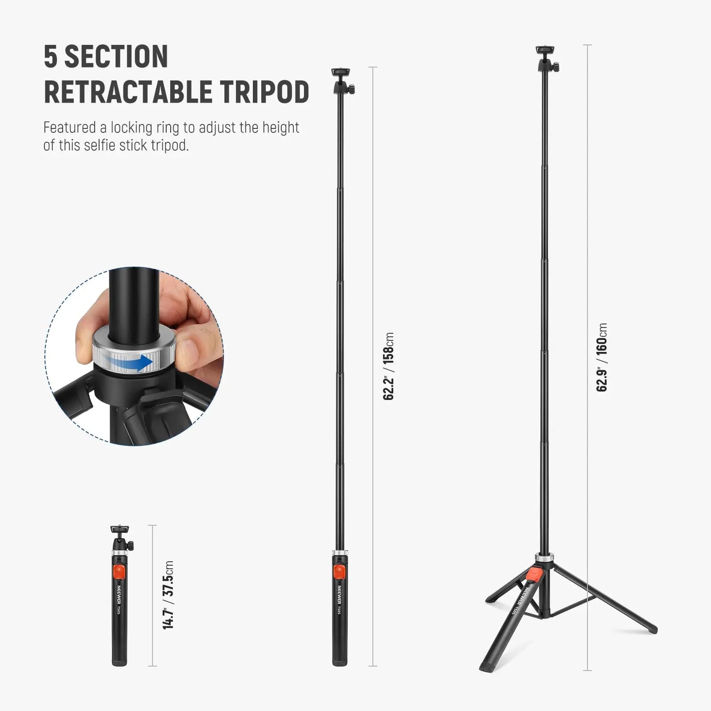 NEEWER Phone Tripod for Cell Phone Camera Remote 62.9" All Metal Selfie Stick Travel Vlog Tripod Stand for iPhone with Holder