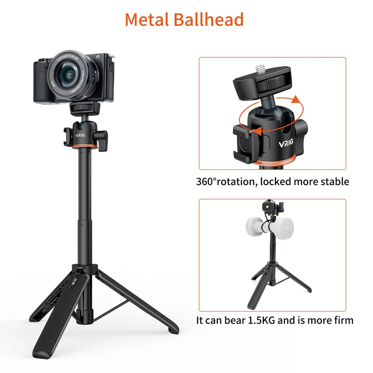 VRIG TP-08 TP-06 Tripod Stand Selfie Stick Aluminum Alloy with 1/4 Inch Screw Cold Shoe Mount 360° Rotatable 1.5kg Load Capacity