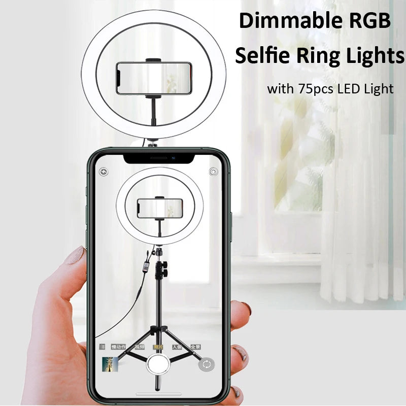 LED Selfie Ring Light 12 Inch Desktop Video YouTube Lamp Tripod Stand Dimmable RGB Photography Light Remote Control Soft Light
