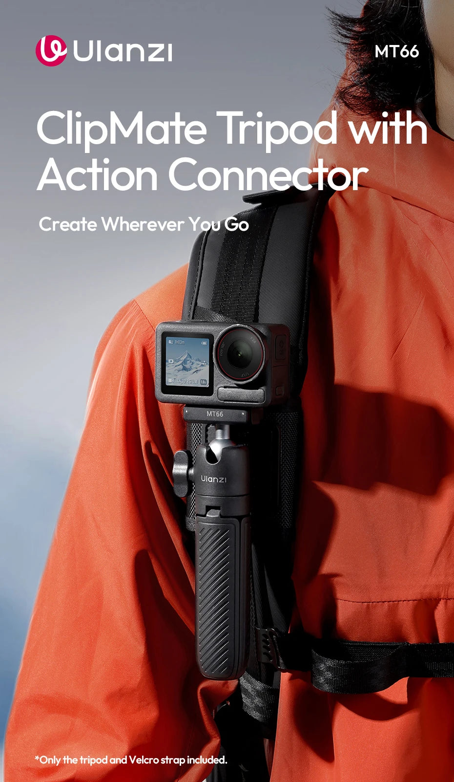 Ulanzi MT66 ClipMate Tripod With Action Connector 3-in-1 Backpack Clip Selfie Stick Tripod For DJI Action 5 Pro/4/3 Vlog Travel