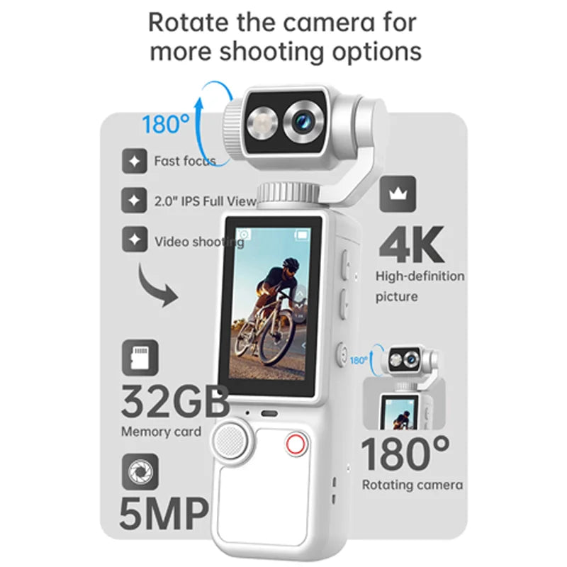 4K Vloging camera touch screen portable pocket action camera180° lens flip hand-held stabilizer fill light sports video cameras