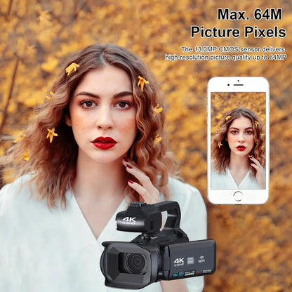 64MP 4K Camcorder 4.0 Inch 270° Rotate Touch Screen 18X 4K UHD Professional Digital Video Camera Youtube Livestream Wifi Webcam