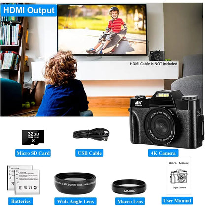 4K HD Professional Digital Camera Camcorder WIFI Webcam Wide Angle 16X Digital Zoom 48MP Photography 3 Inch Flip Screen Recorder