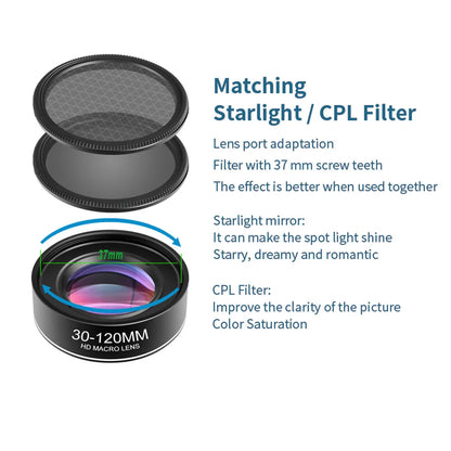 30-120mm Macro Lens Long Distance Professional Universal Clip Camera Photo Lens CPL Star Filters for iPhone XIAOMI HUAWEI Mobile