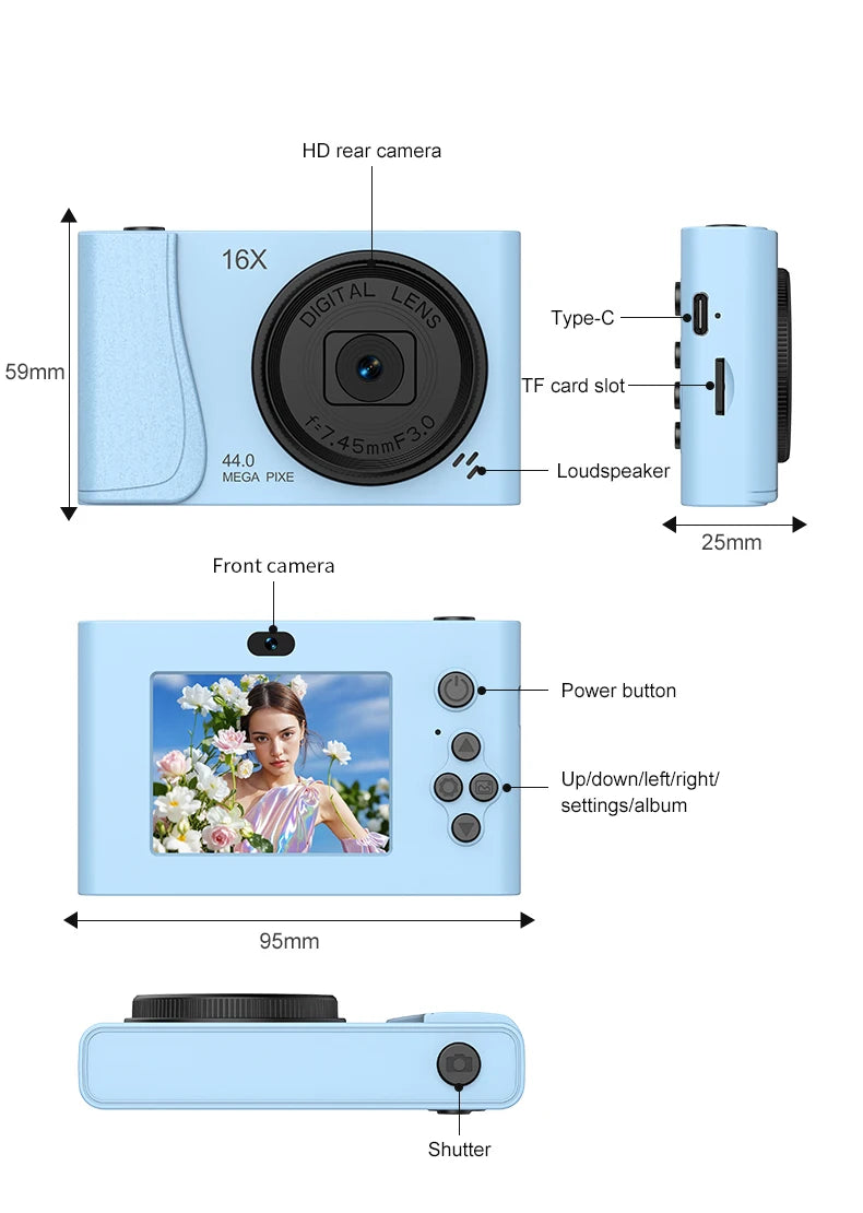 Retro CCD 24 Million Pixels Camcorder 4K Digital Camera 16x Zoom Compact Cameras Auto Focus for Adult Beginners Kids Photograph