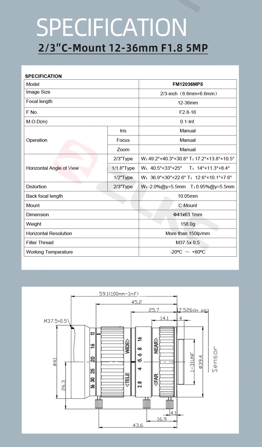 ZLKC CCTV Lens 12-36mm Varifocal 2/3 Inch Focal 5Megapixel F2.8 Aperture C-Mount Low Distortion Machine Vision Indusrial Camera