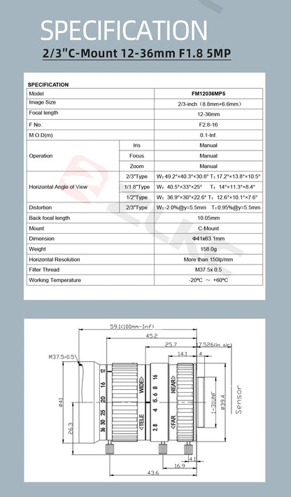 ZLKC CCTV Lens 12-36mm Varifocal 2/3 Inch Focal 5Megapixel F2.8 Aperture C-Mount Low Distortion Machine Vision Indusrial Camera
