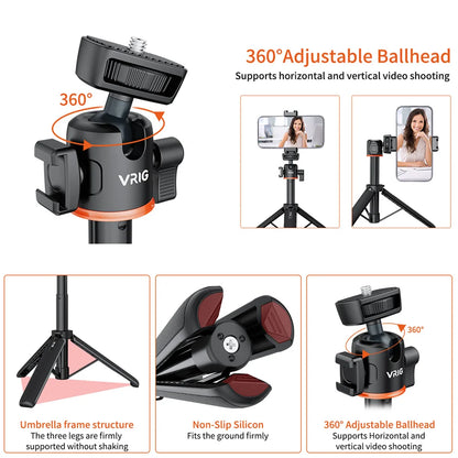 VRIG TP-06 4 Sections Camera Phone Tripod w 360 BallHead Cold Shoe Selfie Stick Tripod Stand for iPhone 15 14 13 12 Phone Camera