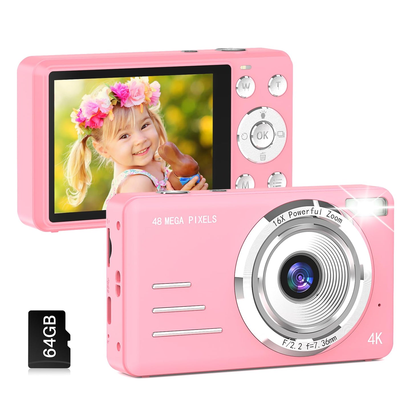 Digital Camera FHD 1080P Kids Camera 48MP Point and Shoot Digital Cameras with 64GB Card 16X Zoom Anti Shake Compact Small Camera for Kids Gifts for Teens Girls Boys